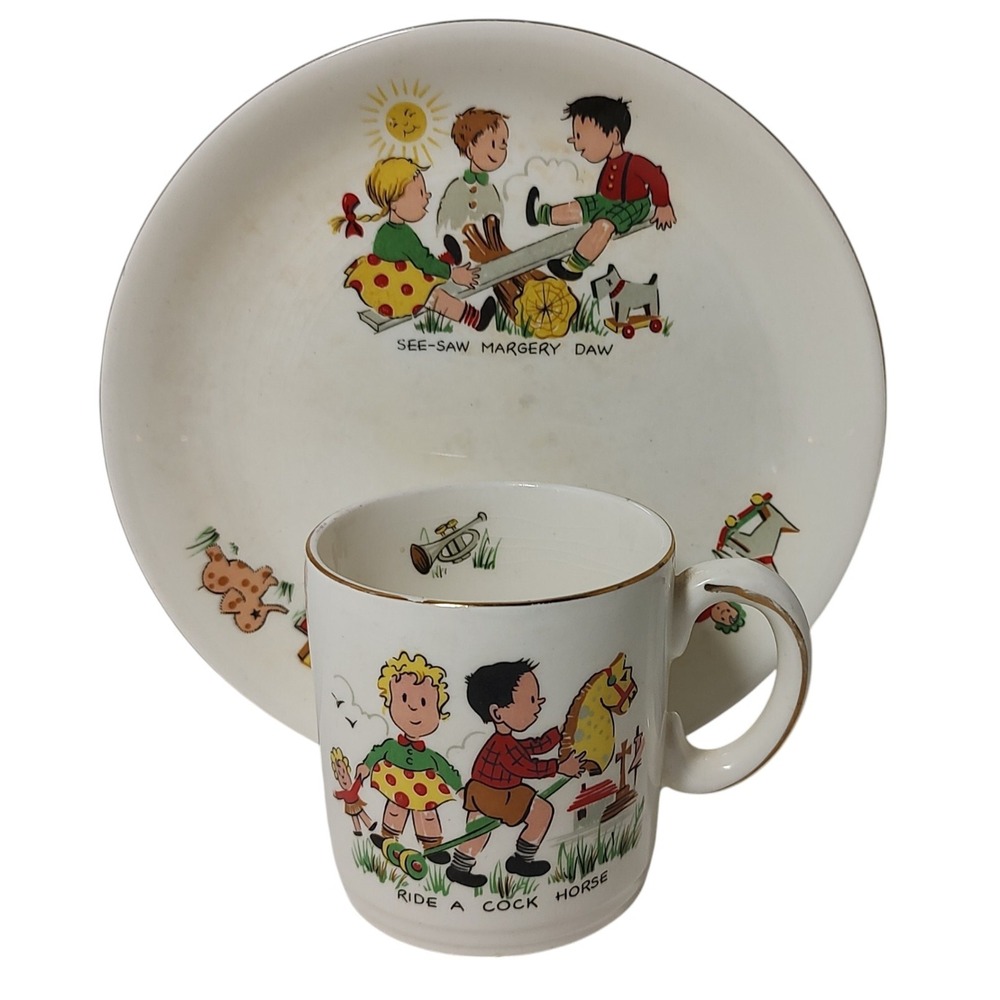 Alfred Meakin Childs Plate and Cup Seesaw Margery Daw Ride Horse‎ Two Pieces SEE